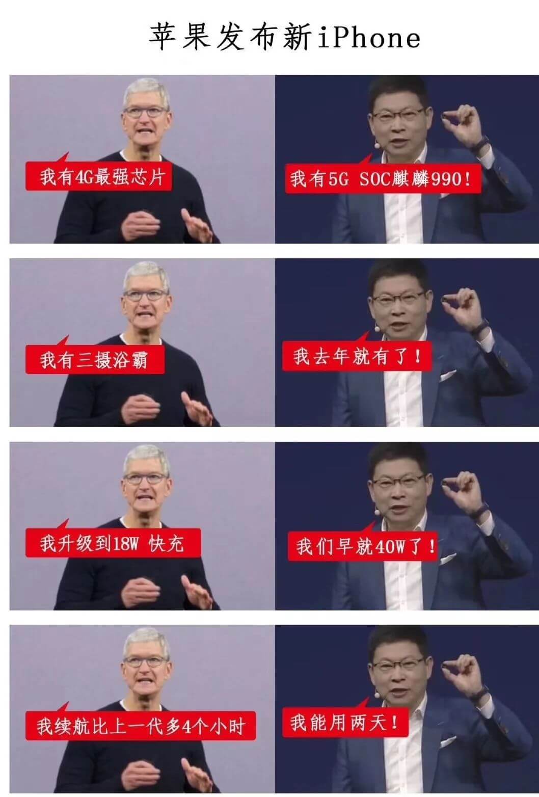 网友对苹果和华为的调侃图